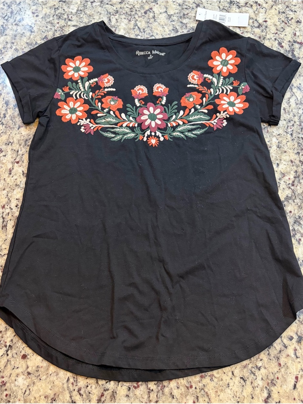 Rebecca Malone Black Tee with Orange & Green Floral Design